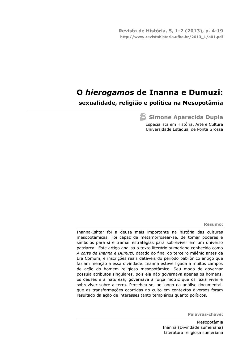 O hierogamos de Inanna e Dumuzi: sexualidade, religião e política na Mesopotâmia [Simone Aparecida Dupla]