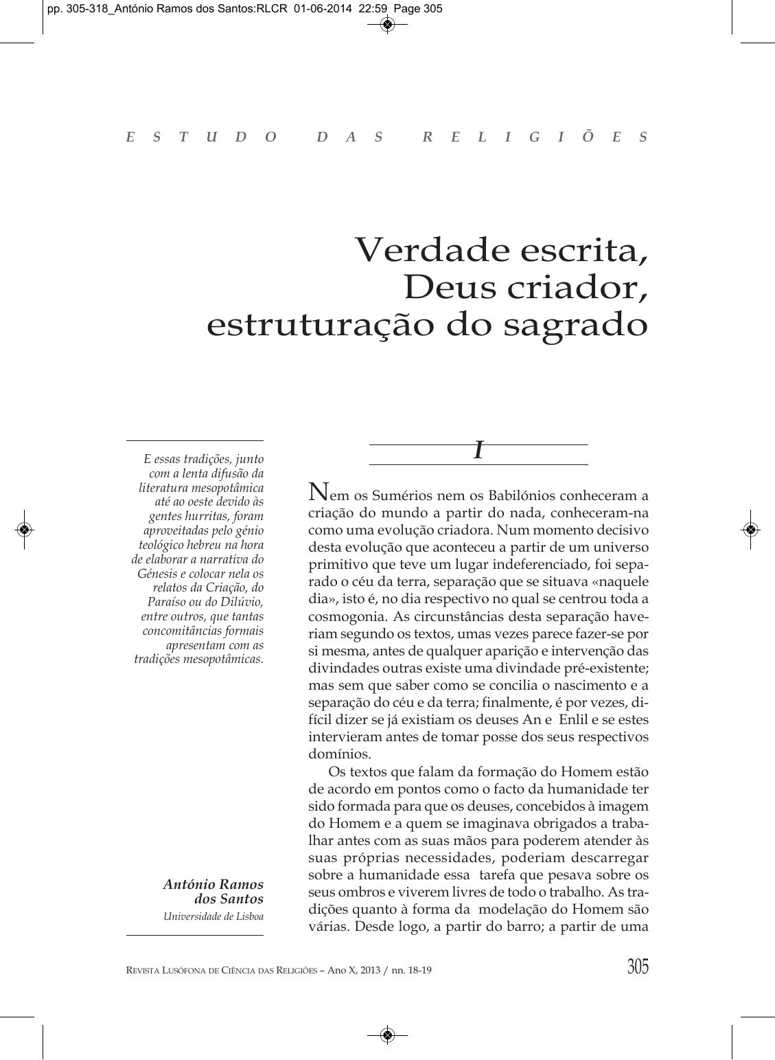 Verdade escrita,  Deus criador,  estruturação do sagrado