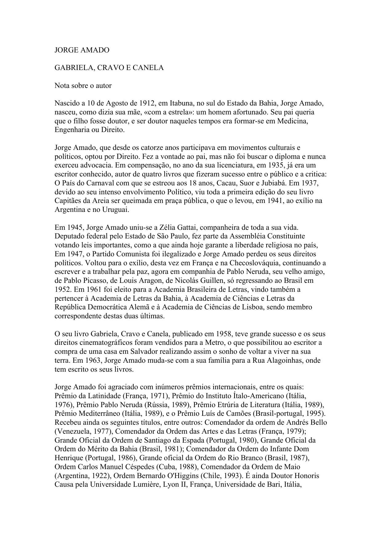 Obras de Jorge Amado: Gabriela, cravo e canela