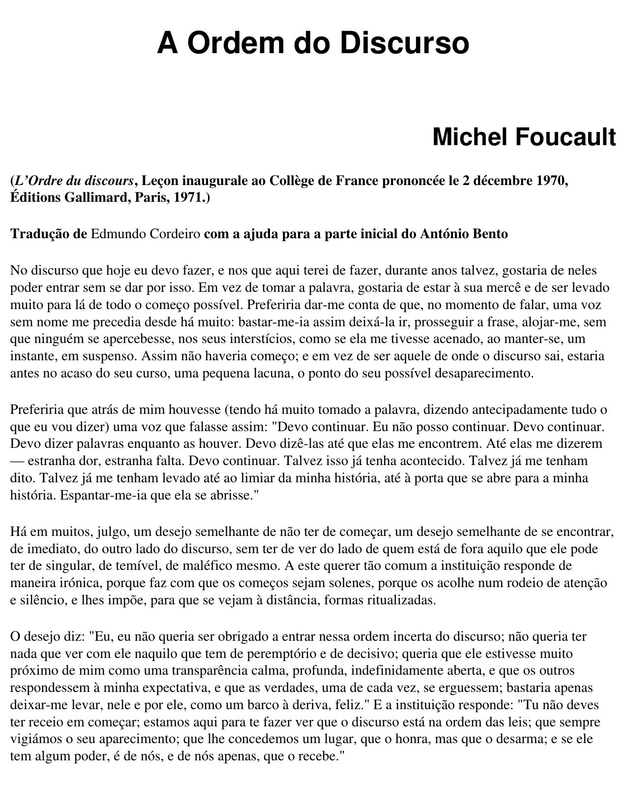 Michel Foucault: o trajeto da voz na ordem do discurso