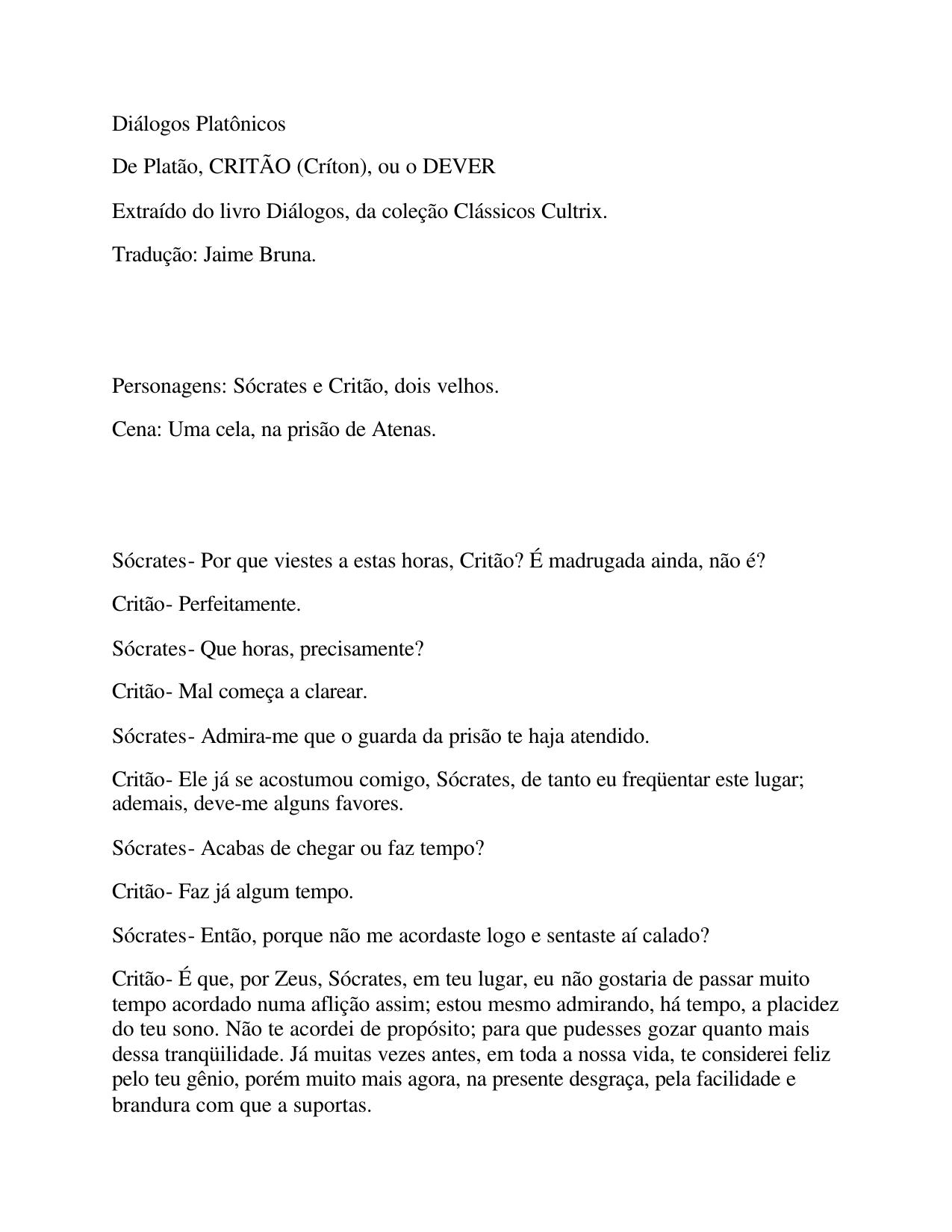 Diálogos Platônicos  De Platão, CRITÃO (Críton), ou o DEVER