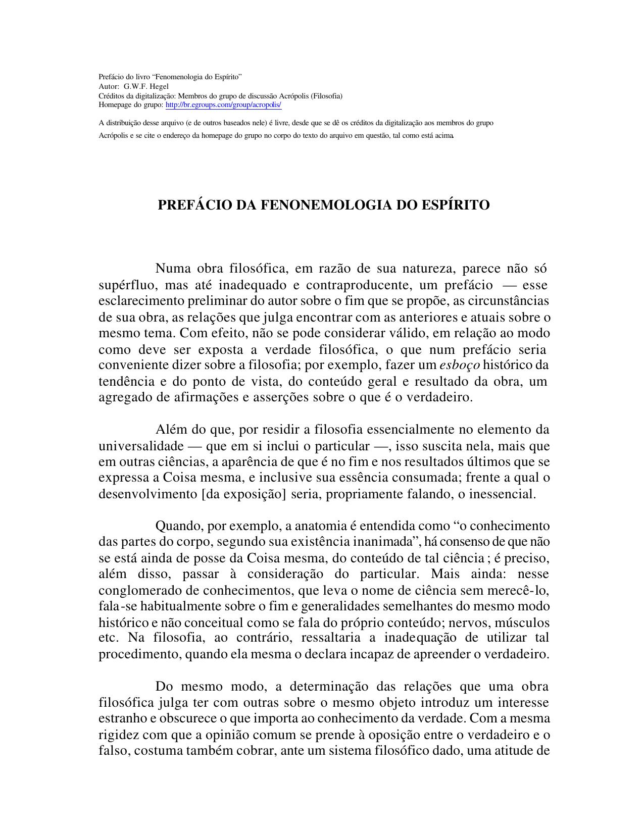 PREFÁCIO DA FENONEMOLOGIA DO ESPÍRITO