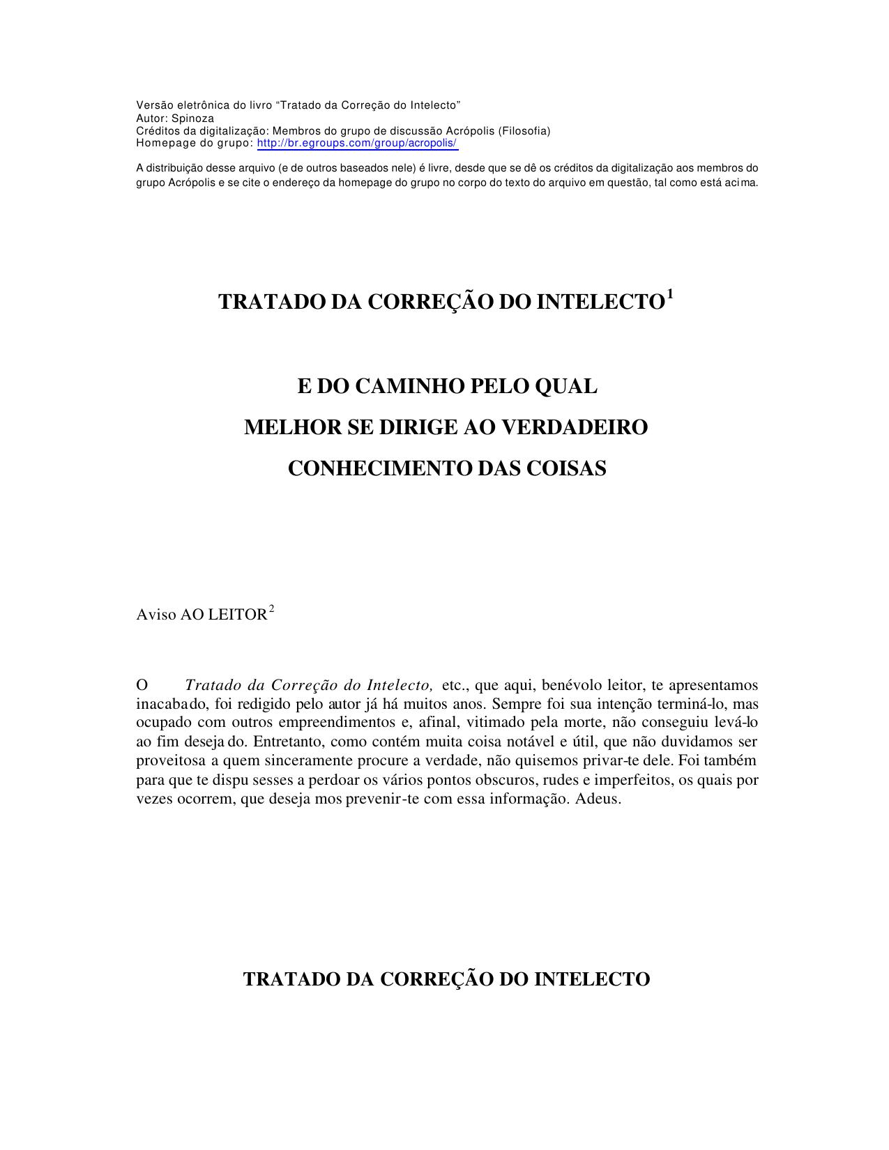 TRATADO DA CORREÇÃO DO INTELECTO 1  E DO CAMINHO PELO QUAL  MELHOR SE DIRIGE AO VERDADEIRO  CONHECIMENTO DAS COISAS