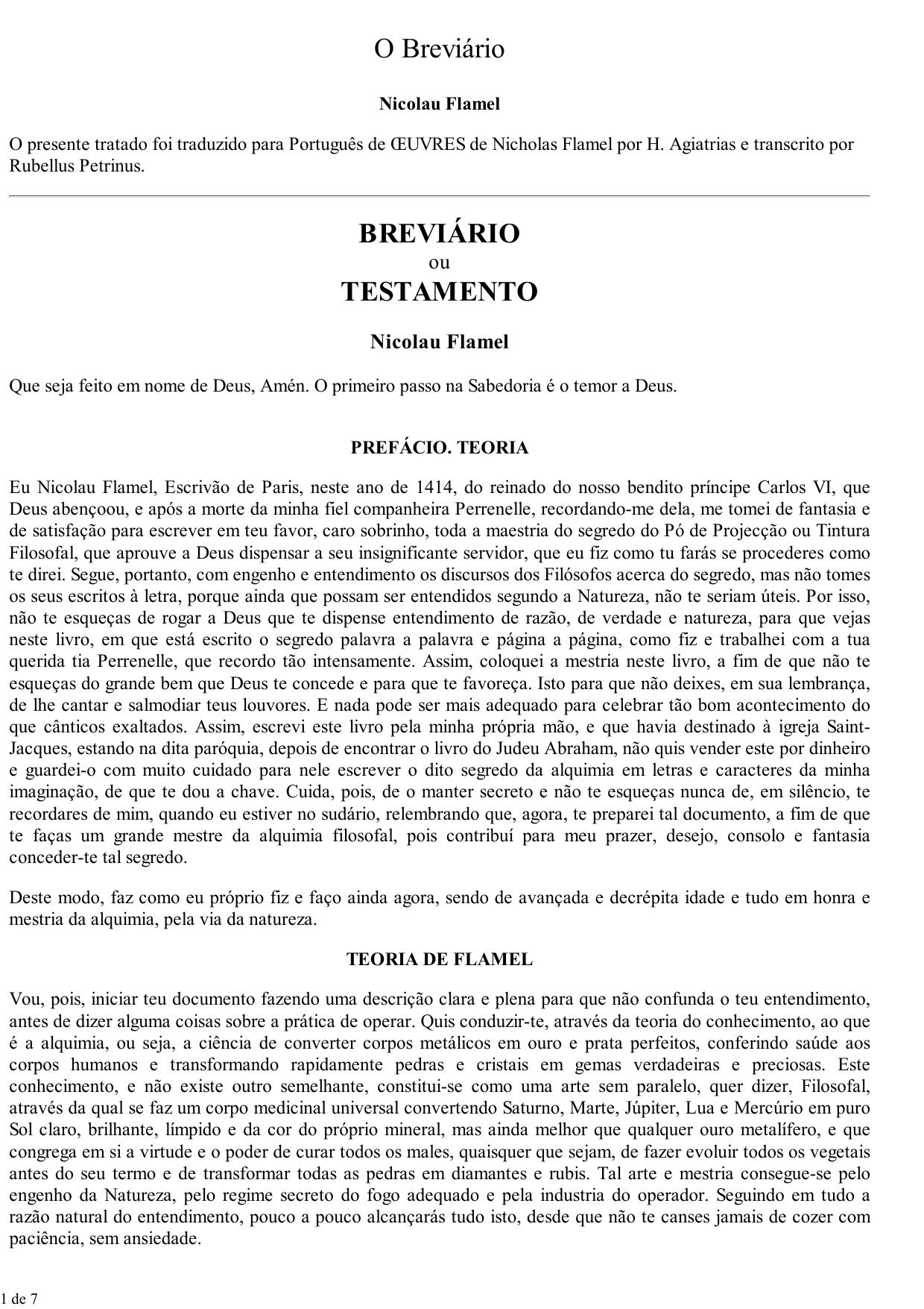 BREVIÁRIO  ou  TESTAMENTO  - Nicolau Flame