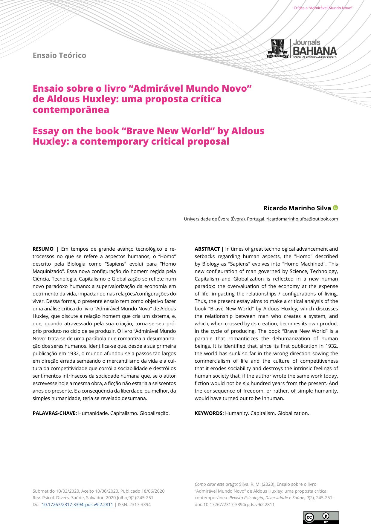 Ensaio sobre o livro Admirável Mundo Novo