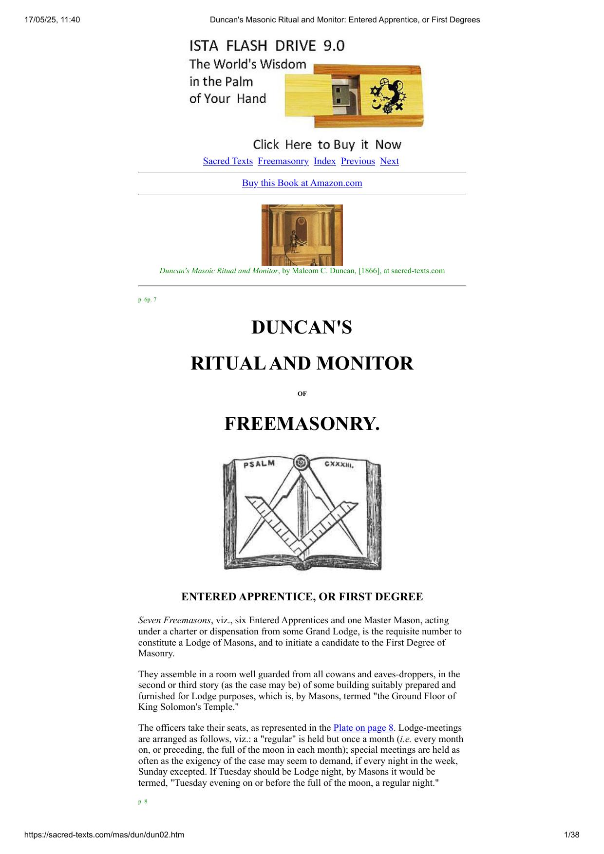 Duncan's Masonic Ritual and Monitor: Entered Apprentice, or First Degrees