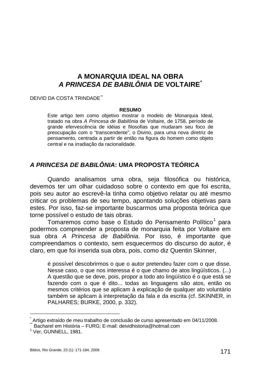 A MONARQUIA IDEAL NA OBRA A PRINCESA DE BABILÔNIA DE VOLTAIRE